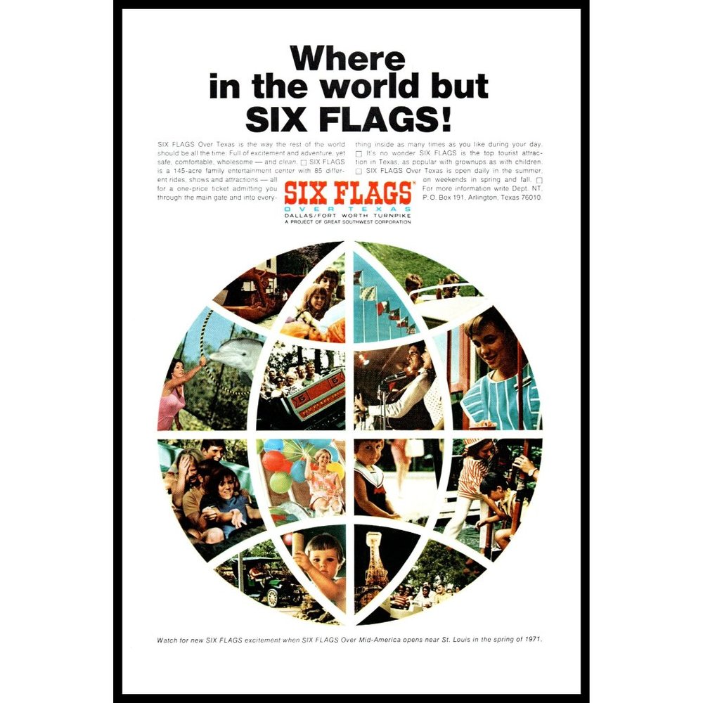 1970 Six Flags Over Texas Vintage Print Ad Globe Theme Amusement Part Wall Art